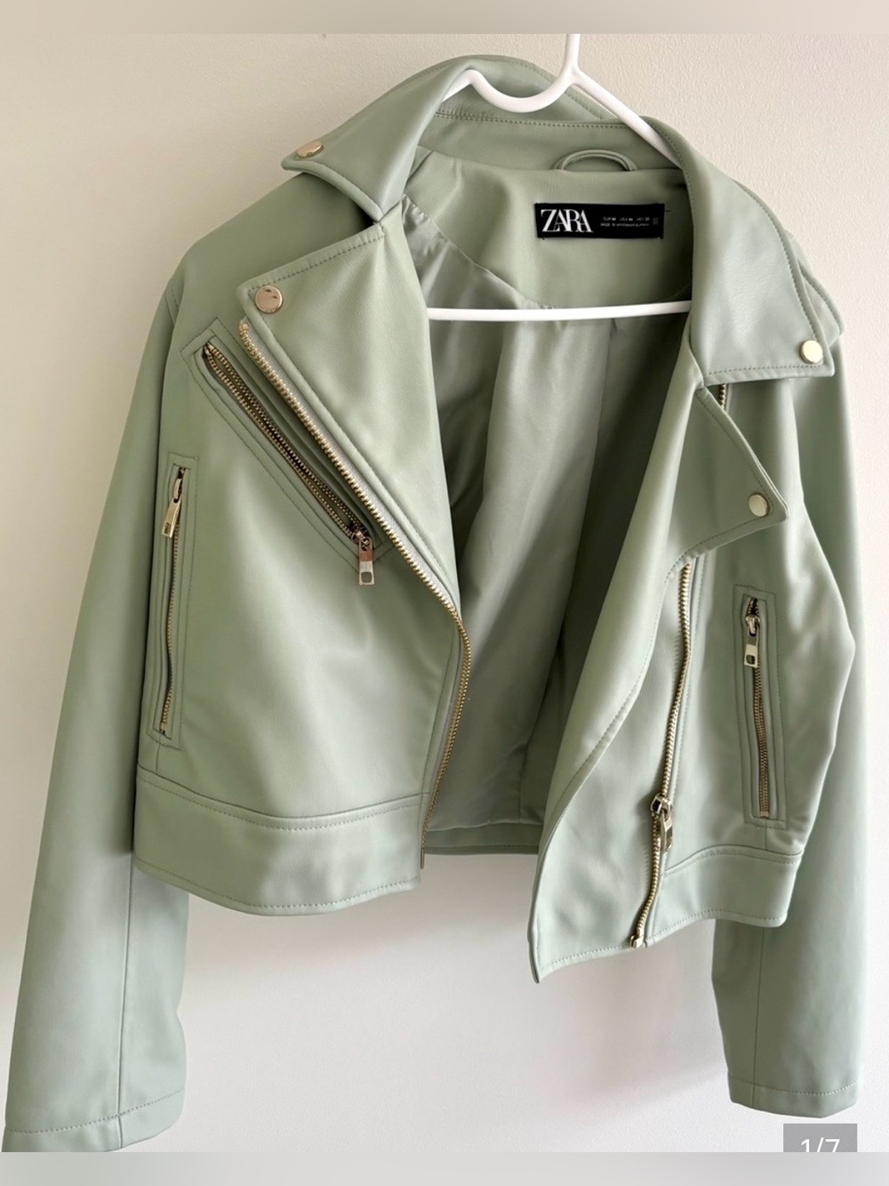 NWOT ZARA Sage Green Vegan Faux Leather Moto Jacket